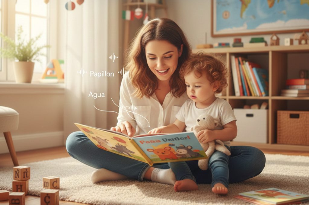 Niño pequeño interactuando con un adulto en un entorno educativo tranquilo durante el desarrollo del lenguaje