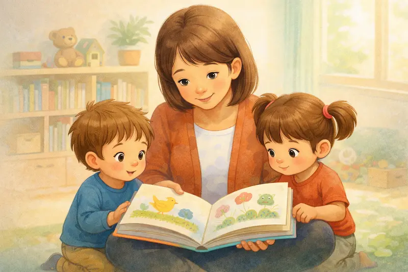 Niño pequeño escuchando un cuento en un entorno bilingüe en escuela infantil