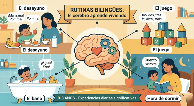 Rutinas bilingües en niños de 1 a 3 años aprendiendo español y francés en actividades diarias
